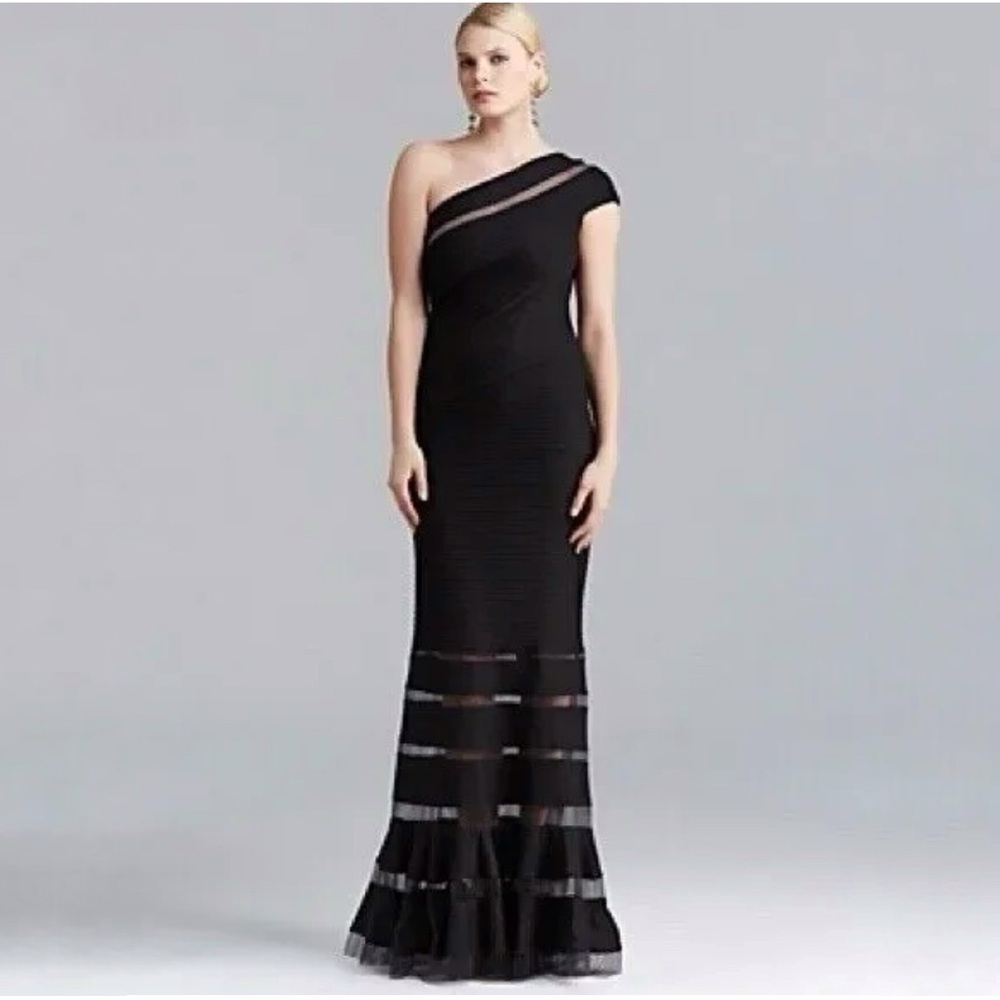 TADASHI SHOJI BLACK RIBBED ONE SHOULDER FLARE MERMAID BOTTOM DRESS GOWN